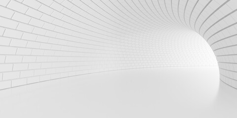 White empty abstract tunnel or corridor background with brick walls, lit from back