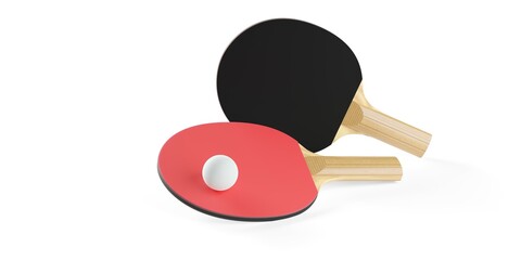 Red and black table tennis or ping pong paddles or rackets with white table tennis ball arranged on white background, hobby sports or activity concept