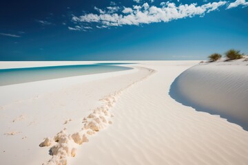 Fototapeta na wymiar White sand beach in relaxing mood. illustration of beautiful sand beach. Sand beach with blue sea and copy space. Generative AI.