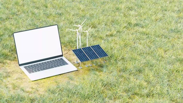 3D animation with modern laptop display near solar panels.