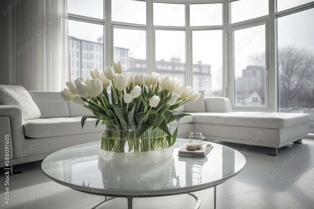 Sticker white flower bouquet in a vase placed on a table. Generative AI