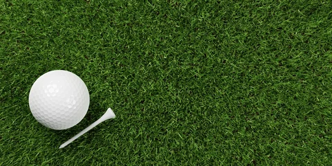 Poster Single white golf ball with white tee next to it on green grass background with copy space top view from above © Shawn Hempel