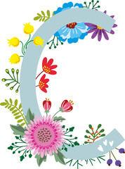 FLORAL ALPHABET, BOTANICAL MONOGRAM, LETTERS WITH ABSTRACT AND COLORFUL FLOWERS, LEAVES AND HEARTS