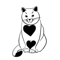 Vector hand drawn illustration of a cat with a heart on his chest ,line art