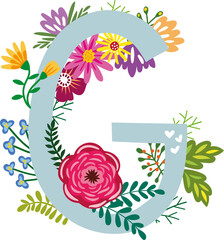 FLORAL ALPHABET, BOTANICAL MONOGRAM, LETTERS WITH ABSTRACT AND COLORFUL FLOWERS, LEAVES AND HEARTS