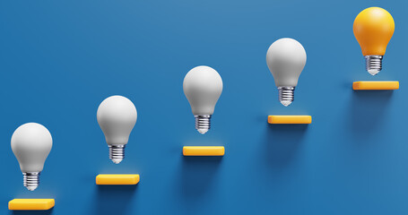 Light bulbs go up the stairs. Ideas growth progress success innovation.3d render