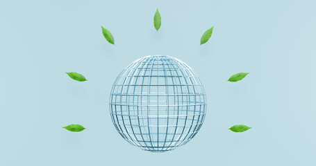 Sphere planet, globe with a grid with leaves on a blue background. Green energy ecology earth hour.3d rendering