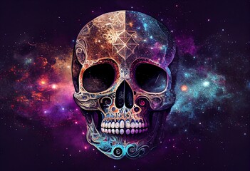 A sugar skull with a galaxy theme, viewed from above on a starry background. Generative AI