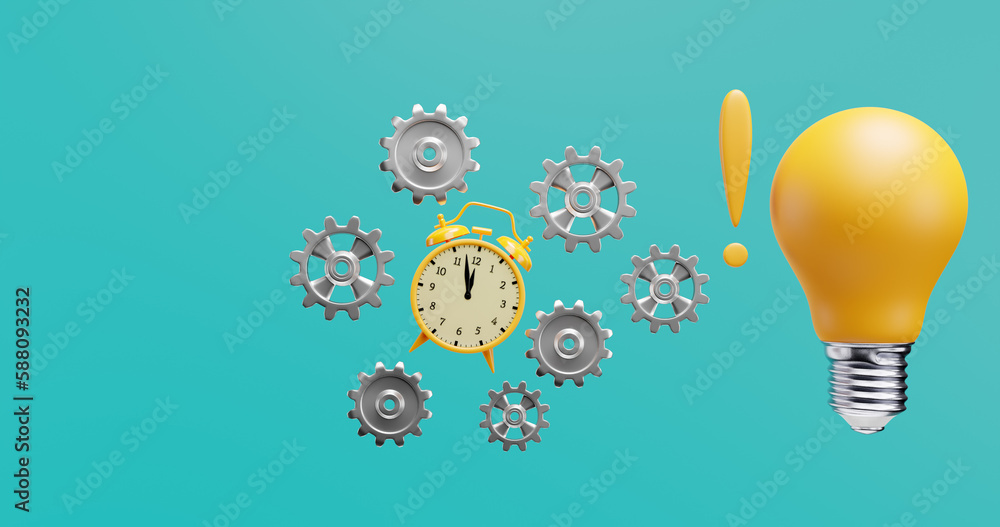 Poster ideas invention innovation brainstorming deadline.gears alarm clock light bulb. 3d rendering