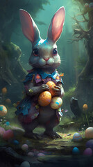 Fototapeta na wymiar Full body design of chibi easter bunny with easter eggs, Generative IA