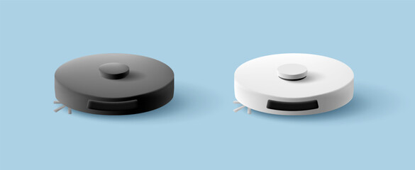 Black and white 3D round robot vacuum cleaner. For cleaning the room, home, smart, with sensors. Modern electronic device.