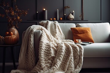 cozy living room with a white couch and a warm blanket. Generative AI