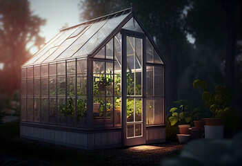 Beautiful greenhouse glass house in the garden yard near the villa. AI Generated
