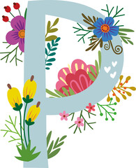 FLORAL ALPHABET, BOTANICAL MONOGRAM, LETTERS WITH ABSTRACT AND COLORFUL FLOWERS, LEAVES AND HEARTS