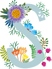FLORAL ALPHABET, BOTANICAL MONOGRAM, LETTERS WITH ABSTRACT AND COLORFUL FLOWERS, LEAVES AND HEARTS