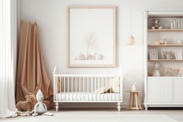 cozy and minimalist baby's room with a white crib and a cuddly teddy bear. Generative AI