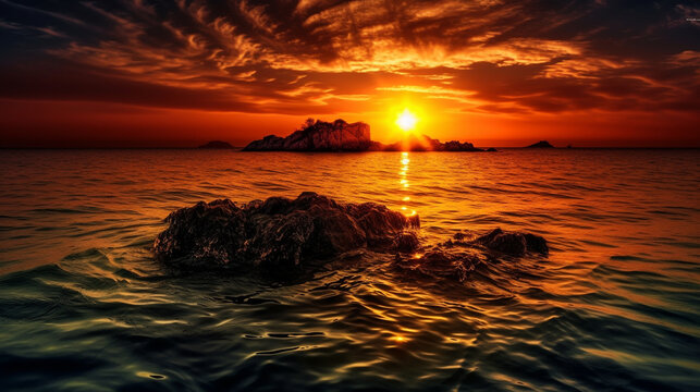 Roter Sonnenuntergang, t&uuml;rkises Wasser