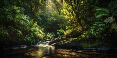 deep rainforest waterfall, generative ai