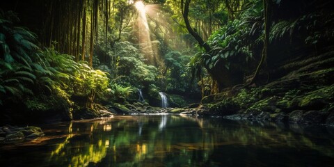 deep rainforest waterfall, generative ai