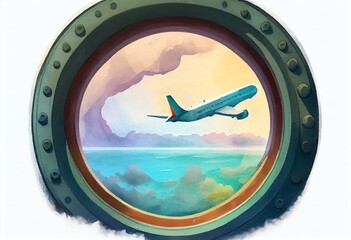 Watercolor Illustration of a Airplane Window Porthole. Generative AI