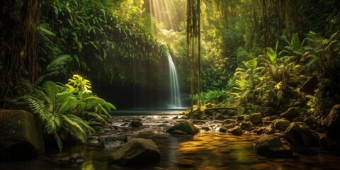 deep rainforest waterfall, generative ai