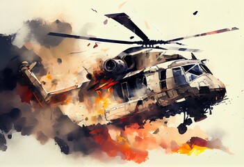 Watercolor Illustration of a Air Crash. Burning Falling Helicopter. War Concept. Military Scene Of Flying Helicopter Fire Background Effect. Digital Art. Generative AI