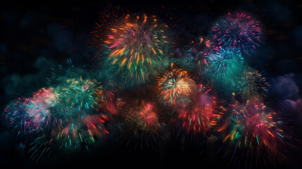 Fototapeta na wymiar Colorful Starburst And Fireworks In The Sky At Night, Generative Ai