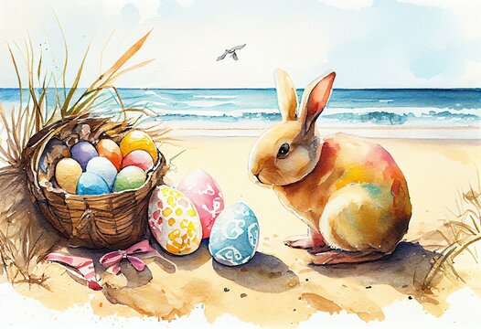 Watercolor Illustration of a Easter Bunny With Easter Eggs On The Beach. Generative AI