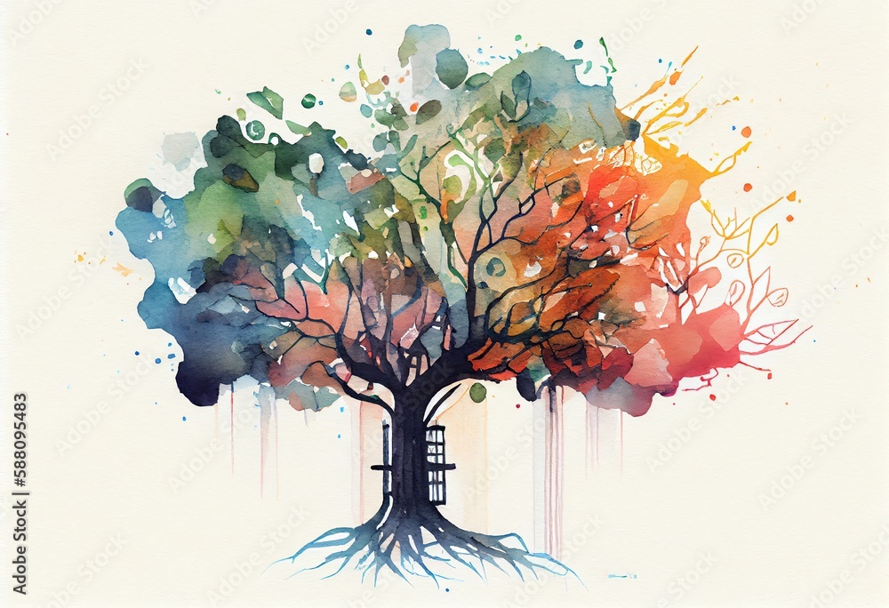 Poster watercolor illustration of a tech tree, abstract data technology and data science illustration. gene