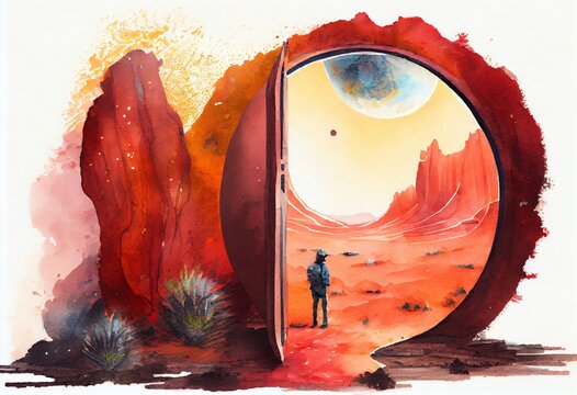 Watercolor Illustration of a Seeing Another Planet From The Surface Of Red Planet With Futuristic Door. Generative AI