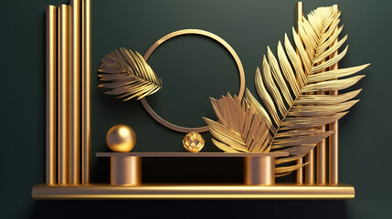 Golden shelf and golden palm leaves on a dark green background