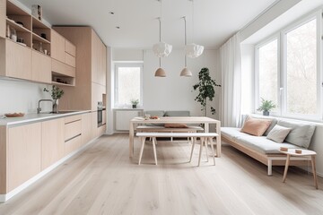 Fototapeta na wymiar Cozy Living Room and Kitchen with Open Floor Plan. Generative AI