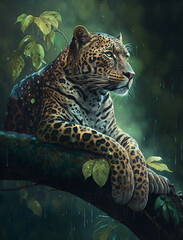 A jaguar sitting on a tree branch