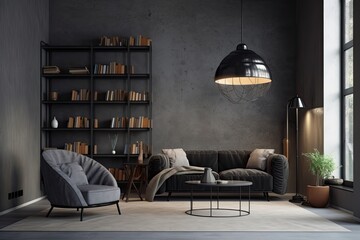 cozy living room with a comfortable couch, armchair and bookshelf. Generative AI