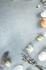 Easter composition with a willow branch and eggs on a blue background. vertical image. top view. place for text © Надія Коваль