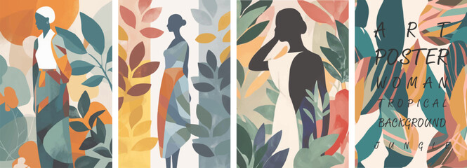 Young woman on a background of tropical leaves. Set of vector minimalistic illustrations. Pastel colors. Art.
