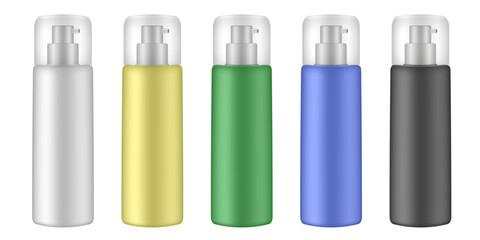 Set of cosmetic bottles with pump. Dispenser. White, yellow, green, blue and black containers. Serum or facial cream.