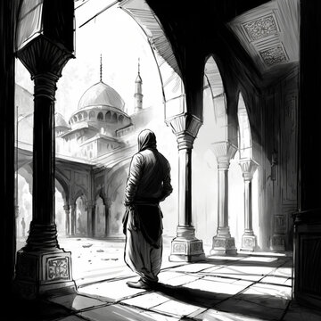 Muslim prayer in a mosque. Generative AI