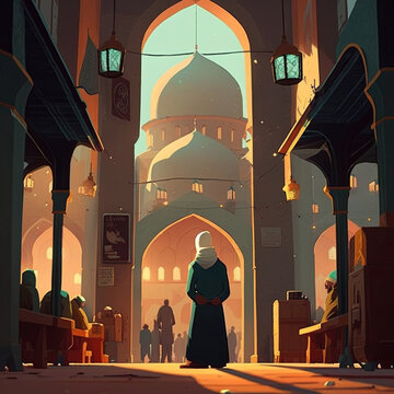 Muslim prayer in a mosque. Generative AI