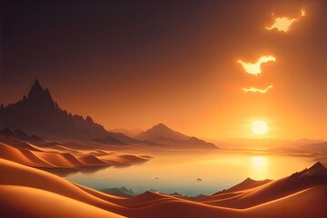 Fototapeta na wymiar Majestic mountain forests lakes desert dunes golden sunsets. Generative AI