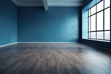 Illustration of an empty room with blue wall and wooden floors. Generative AI