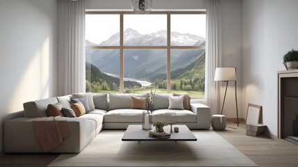 Fototapeta na wymiar Modern living room with mountain view out of windows. Generative AI