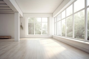 Fototapeta premium Illustration of an empty room with natural light pouring in through large windows and a cozy bench in the corner. Generative AI