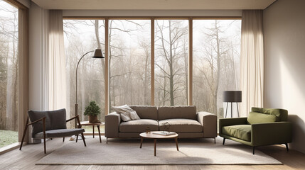 Obraz na płótnie Canvas interior living room with large windows and overlooking the winter forest, generative ai