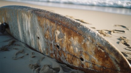 A Board of Memories: A Close-Up of a Weathered Surfboard, Telling Tales of Adventure, AI-Generated