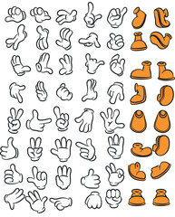 Cartoon legs and hands. leg in boots and gloved hand comic feet in shoes. 