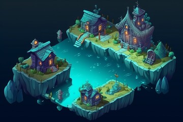 Isometric of underwater city with building and sea environment for game assets. Generative ai