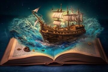 Magical book with pirate ship and ocean wave. Fantasy concept art. Generative ai - obrazy, fototapety, plakaty
