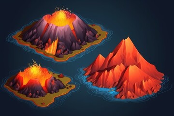 Isometric volcano island with eruption for game assets. Generative ai - obrazy, fototapety, plakaty