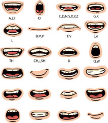 Lip sync character mouth animation.Mouth animation set. Lip sync, speaking mouth of cartoon character pronouncing sounds. Flat vector illustration for speaking articulation, English language studying 